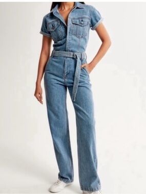 Abercrombie 90s Denim Jumpsuit Wide Leg Belted Utility | Size MP